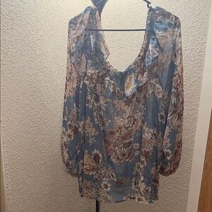 Chic Floral Women's Blouse in Blue and Brown